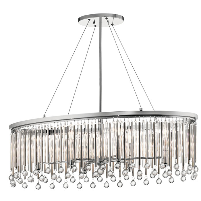Oval Chandelier/Pendant 6Lt (43725CH) by Kichler Piper 6 Light Oval Chandelier/Pendant mixes modern with femininity with its delicate glass bead accents. Making this a focal point in any modern room is the linear detail in the clear glass and metal rods finished in Chrome.