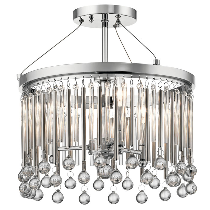 Semi Flush 3Lt (43726CH) by Kichler Piper 3 Light Semi Flush mixes modern with femininity with its delicate glass bead accents. Making this a focal point in any modern room is the linear detail in the clear glass and metal rods finished in Chrome.