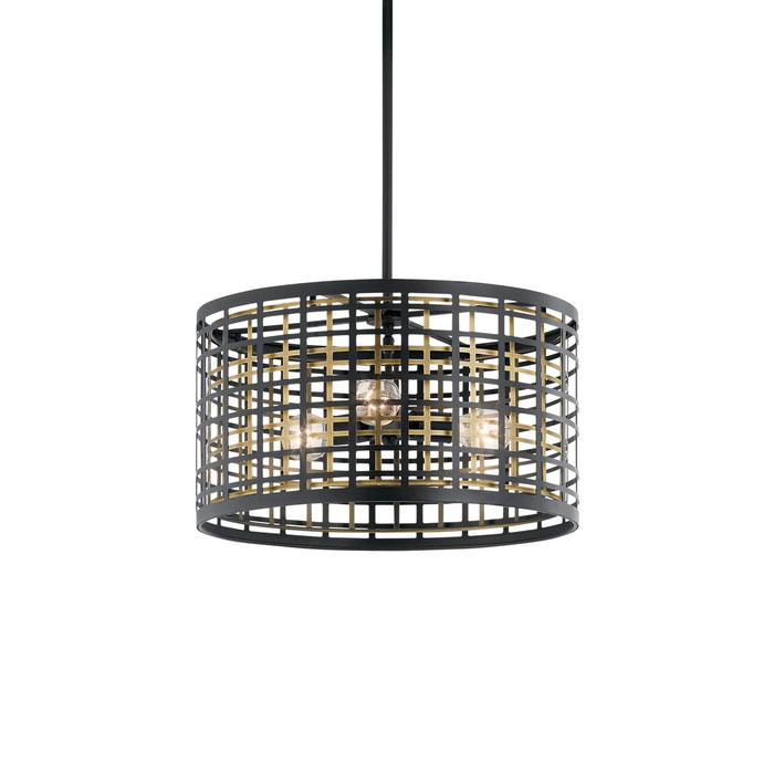 Pendant/Semi Flush 3Lt (44075BK) by Kichler Depth, dimension and geometric interest come together to give the 3-light convertible pendant/semi flush light in Black from the Aldergateâ„ collection an uncommon style. Overlapping grids in contrasting finishes bring structural interest and softly diffuse the light. The look is inspired by industrial trends, yet sophisticated enough to work in traditional spaces.